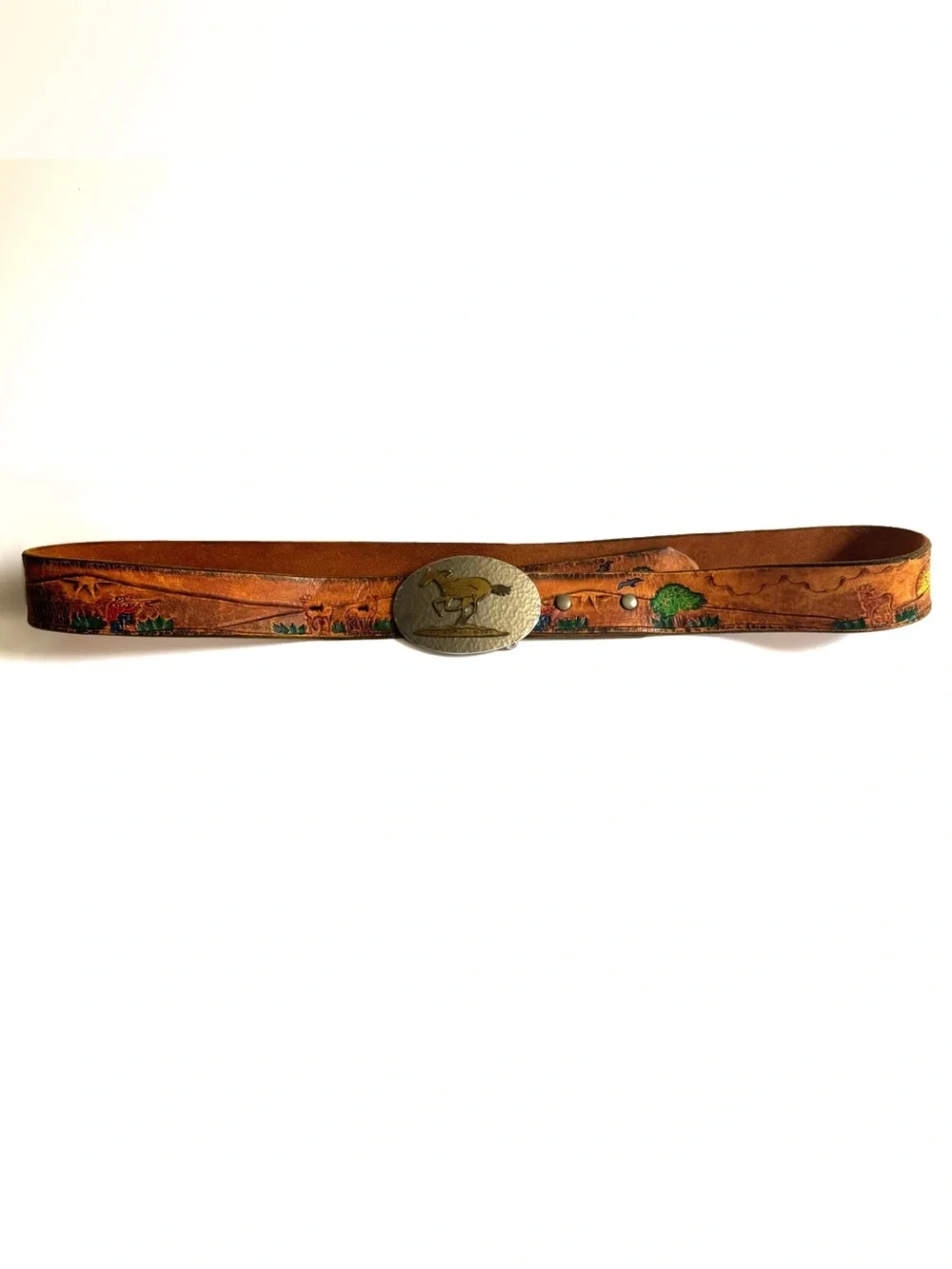 Vintage Hand Tooled Painted Western Leather Belt Horse Buckle Ranch Southwestern